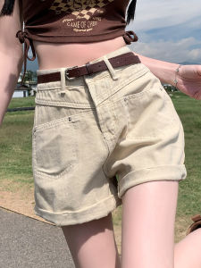 QIAOMIDUO | Quần short denim cạp cao mùa hè cho nữ dáng quả lê rộng rãi màu cam cam phong cách Y2K quần áo làm việc cotton