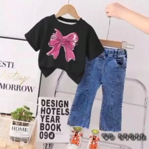 Fashion Anak-anak Pakaian Anak Perempuan Usia 1-5Tahun Setelan Terbaru Kekinian Setelan Kaos Pita Celana Denim Cut Bray