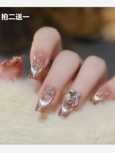 Cat Eye Long Wearing Nail Tips Glass Bead False Nails Patch Finished Product Medium Length Elegant Feeling Spring Beauty Nail Art