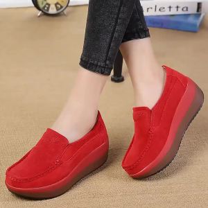 Autumn Women Thick-Soled Wedge Suede Casual Shoes Adult Leather Soft-Soled Slip-On Loafers Lady Non-Slip Comfortable Mom Shoes
