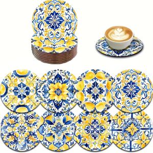 2D Mediterranean Watercolor Lemon 8PCS  Wooden Coaster Set Car Cup Mat Tea Cup Mat Coffee Beverage Dining Housewarming Gifts