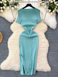 ชุดเดรสผ้าถักเอวสูงทรงเอเข้ารูปสำหรับผู้หญิง ฤดูใบไม้ผลิและฤดูร้อน 2024 ชุดเดรสกระโปรงสั้นทรงเข้ารูปเอวสูงสำหรับผู้หญิง