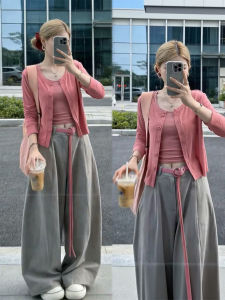 XUECAIQI | Korean Style Pink Cardigan Short Jacket Vest Wide Leg Pants Set