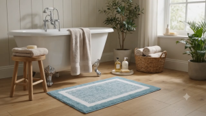 Classic Framed Plush Bath Rugs - Beige Gray Blue - Soft Textured Borders - Bathroom Floor Mats