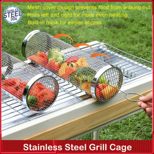 Stainless Steel Barbecue Grill Grate Barbecue Cage Camping Picnic Cookware Outdoor Round BBQ Campfire Grill Rolling Grill Basket