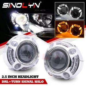 2.5" H4 H7 Bi-xenon Projector Headlight Lens Double Angel Eye Yellow Turn Signal Light Switchback Dual Halo Ring High Low Beam Car Motorcycle Headlamp Accessories Retrofit DIY