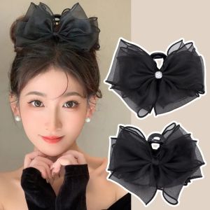 2023 Big Black Bow Grab Hairclip Mesh Lace Hair Grab Clip for Women Back Head Curly Hair Claw Headdress Shark Clip Hair Accessories