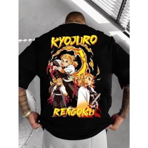 Bandai | Demon Slayer Mens T-shirt Kyojuro Rengoku anime Summer boy Spring Autumn Children short-sleeved comfortable parent-child outfit