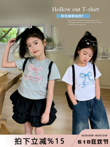 Fashionable Mini Pearl Butterfly Knot Short Sleeve T-Shirt for Girls Summer New Arrival Korean Style Loose Fit Breathable