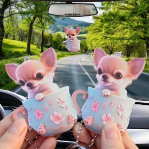 3ชิ้นใหม่ถ้วยชาอะคริลิค2D ถ้วยชาน่ารักชิวาวาพวงกุญแจแบนรถมองหลังการตกแต่งกระจกอุปกรณ์เสริมพวงกุญแจห้อยกระเป๋า