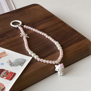 Pink Pearl KT Phone Chain Butterfly Knot Key Ring CCD Camera Pendant Adorable Korean Style Girls Heart Jewelry Accessory
