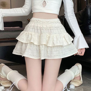 กระโปรงทรงเอเอวสูงลายลูกไม้สีขาว กระโปรงสั้นสไตล์บัลเล่ต์สำหรับผู้หญิงในช่วงฤดูร้อน กระโปรงสั้นทรงเอปานกลางสุดหวาน