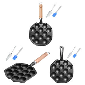 【Vodool】Cast Iron Takoyaki Pan with 14/15/20 Holes Non-Stick Surface Includes Oil Brush and Fork for Easy Cooking