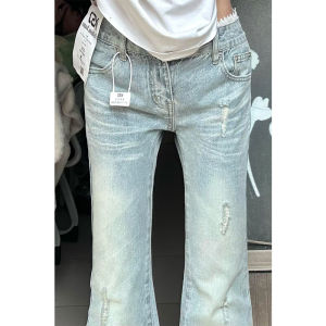 กางเกงยีนส์ทรงขาบานเอวต่ำทรงสลิมฟิตสำหรับผู้หญิง กางเกงขายาวทรงลำลองผ้าคอตตอนผสมลูกไม้สีฟ้าอ่อน