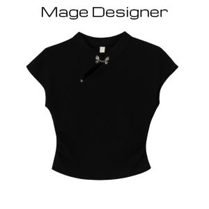 Summer New Chinese Style 2024 New Arrival Chic Tops Womens Short Black Short-Sleeved T-shirt Buckle Shoulder National Style T-shirt