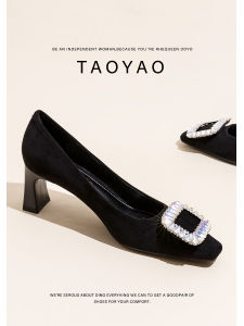 Black Rhinestone Buckle Chunky Heel Womens Shoes 2025 New Style Slip-On Versatile Commuter Professional mid Heel Comfortable Shoes