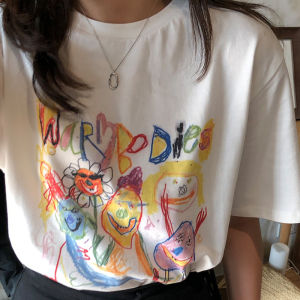 White Short Sleeve Womens Loose Ulzzang Half Sleeve T-shirt Summer Versatile Base Layer Shirt round Neck Print Polyester