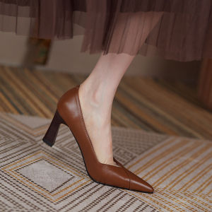 Retro Brown Chunky Heels Flats Womens Black Elegant Pointed Toe Flats Authentic Leather High Heels Ol Professional Commute Work Shoes