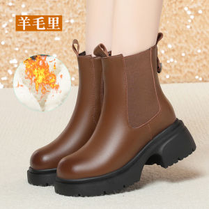Womens Winter Thickened Fleece Lined Real Leather Snow Boots Martin Booties Anti-slip Woolen Short Boots Side Zipper Closure
