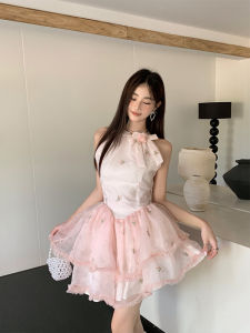 Eccentric French Style Sweet Butterfly Knot Neckline Short Puffy Summer Dress Womens A-Line Skirt Fairy Tale Casual Dresses