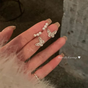 Korean Style Butterfly Pearl Earrings Full Zircon Elegant Lightweight Luxury Womens Fashion Jewelry Ear Studs And Drop Earrings