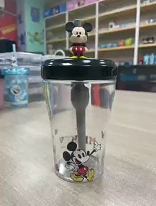 Ly uống nước trẻ em  ly pha lê có nắp kèm ống hút 3D Disney đáng yêu