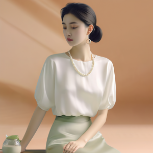 Elegant Summer New round Neck Bubble Sleeve Chiffon Top Tea Break Luxury Light Womens Fashionable Pure Color Casual Blouse