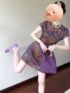 New Chinese Style Purple Rose Print Buttoned Qipao Dress Womens Summer Beautiful Short Skirt High Waist A-Line Korean Version