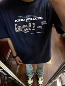 เสื้อยืดคู่รักคอตตอนหนาแขนสั้นผู้ชายฤดูร้อนใหม่เทรนด์อเมริกันตัวอักษรสีน้ำเงินเข้มหลวมๆ แฟชั่นเสื้อยืดคู่รัก