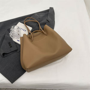 Large Capacity Soft Leather Shoulder Bag Women Commuting Tote Casual Korean Style Brown Handbag Bucket Shape Fashionable