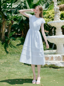 XIANGYING | Flattering Waist Blue Summer New Arrival Soft Style Short Sleeve Crew Neck Cotton Dress