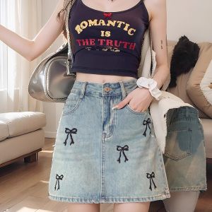 Váy Ngắn Denim Thêu Cạp Cao Cho Nữ Mùa Hè 2024 Váy Chữ a Che Chắn Thoải Mái Bằng Cotton Pha Trộn