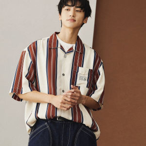 IELGY New Fashion American Shirt Mens Short-sleeved Casual Hawaiian Striped Shirt