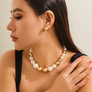 Ingemark | Punk Acrylic CCB Ball Bead Chain Necklace Drop Earrings for Women Vintage Imitation Pearl Clavicle Chain Grunge Jewelry Set New