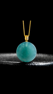 Natural Grade A Jadeite Blue Water Round Pendant | 18K Gold Clasp & S925 Silver Chain | Lucky Wushi Plaque Necklace | Women’s Minimalist Gift)