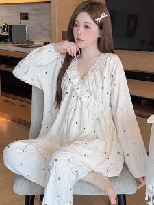 Bộ Đồ Ngủ Cotton Mỏng Mùa Hè Cho Bà Bầu Sau Sinh Thường Xuyên Mặc Thoải Mái Dài Tay Cổ Chữ V Quần Dài Có Thể Rút Dây