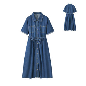 European Station Womens Clothing Samei Street Gas Field Easiest for Match Retro Hong Kong Style Pure Cotton Waist-Tight Denim Dress Long Dress for Women New
