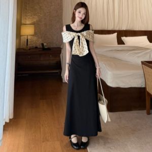 RELNLEX | Đầm Maxi Vai Trễ Nơ Đốm Nét Hoài Cổ