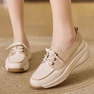 Leather Soft Sole Lace Up Womens Wedge Shoes New Trend Versatile Breathable and Anti Slip Casual Shoes Fashion Sports Shoes for Women