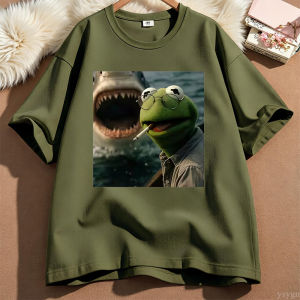 Sanrio | Dark Humor Frog Shark Graphic Funny Meme T-shirt Women Clothing Fashion T-shirts Cotton Casual Short Sleeve T Shirts Streetwear