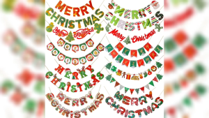 Christmas Party Merry Theme Banner Background Cloth Star Multicolor Decorations with Gold Letters and Green Trees
