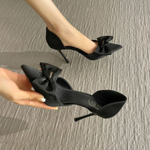 สีดำ โบว์ รองเท้าส้นสูงปม ผู้หญิง ฤดูร้อน 2024 ส้นแหลมบาง ดีไซน์ Sensation ขนาดเล็กสบายแฟชั่นรองเท้าเดียว