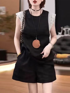 Shalldoer | ชุดสองชิ้นสไตล์ฮ่องกงย้อนยุคสำหรับผู้หญิงในฤดูร้อน ชุดกระโปรงสั้นทรงตรงแขนสั้นคอตั้งลายลูกไม้สองชั้น