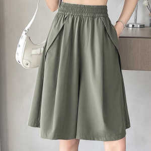 Casual Ice Silk Wide Leg Short Pants Womens Five-Quarter Length Loose Slimming A-Line Shorts Comfortable High Waist Trousers