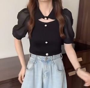 Fashion Korean Puff Sleeve Knitted Blouse for Women Princess Style Polo Collar Loose Fit Knitted Top Wedding