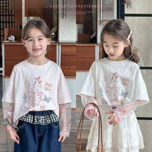 Girls Short Sleeve T-Shirt Butterfly Knot Sun Protection Sleeve Summer Childrens Loose Cartoon Print Top Korean Style Kids Clothing