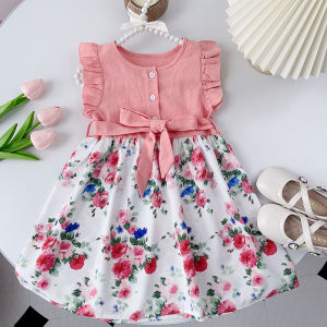 Bear Leader Baby Girls Dresses 2024 Summer Fashion Lace Sleeve Splicing Floral Dress Sleeveless Bow Dress for Kids Girl Clothing Outfits