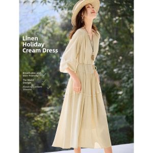 MOHANYIMEI | Linen Cream Colored Flowing Long Dress