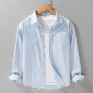 เสื้อเชิ้ตแขนยาวผ้าฝ้ายบริสุทธิ์สไตล์ญี่ปุ่นสำหรับผู้ชาย ทรงหลวมสบาย ๆ ระบายอากาศได้ดี เทรนด์ฤดูใบไม้ผลิและฤดูใบไม้ร่วง