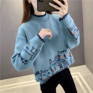 เสื้อสเวตเตอร์ถักหนาสำหรับผู้หญิง คอกลม แขนยาว ทรงหลวม แฟชั่นฤดูใบไม้ร่วง/ฤดูหนาว เสื้อชั้นในสุดเก๋ อบอุ่น คอปกสูงครึ่งตัว